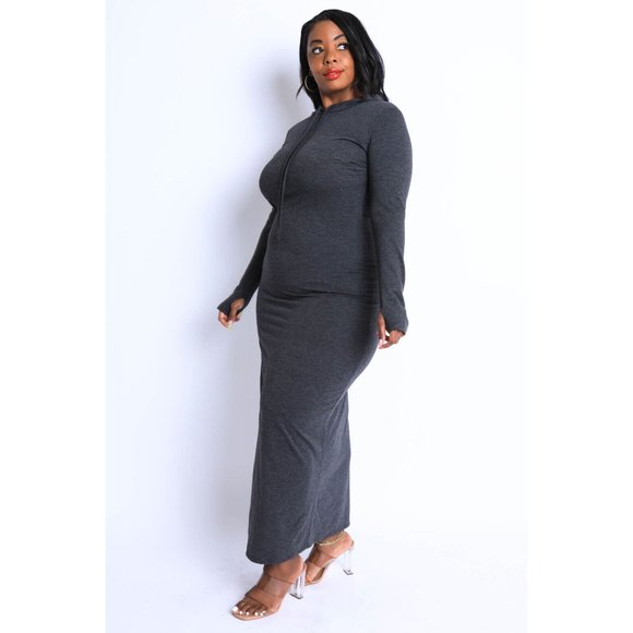 Women's Comfy Terry Hooded Maxi Dress With Side Slit Zipper Plus Size Curve - Picture 5 of 12